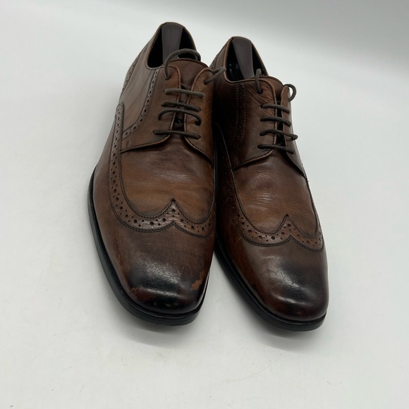 Hugo Boss Men’s Sz 9.5 Brown Leather Brogue Wingtip Oxfords Lace Up Dress Shoes - Picture 1 of 14